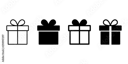 Minimalist gift box icons set, black and white present symbols with bows, 4 vector graphic elements for holiday shopping and rewards