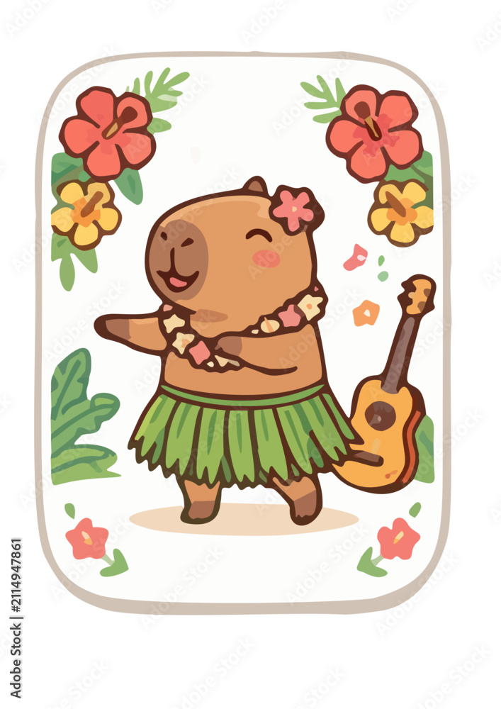 Fototapeta premium Cute capybara dancing hula with grass skirt and flower lei on the beach during summer, funny animal vector illustration