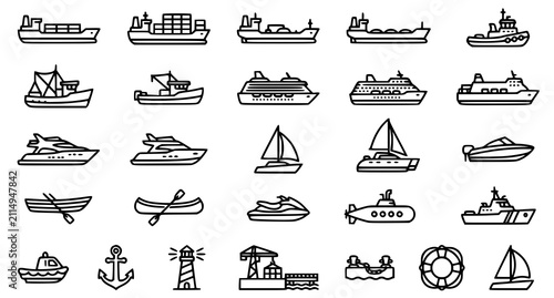 Bild auf Leinwand Ships and Boats Outline Icon Set with Fishing Boat Harbor Berth Marine Vessel Ed