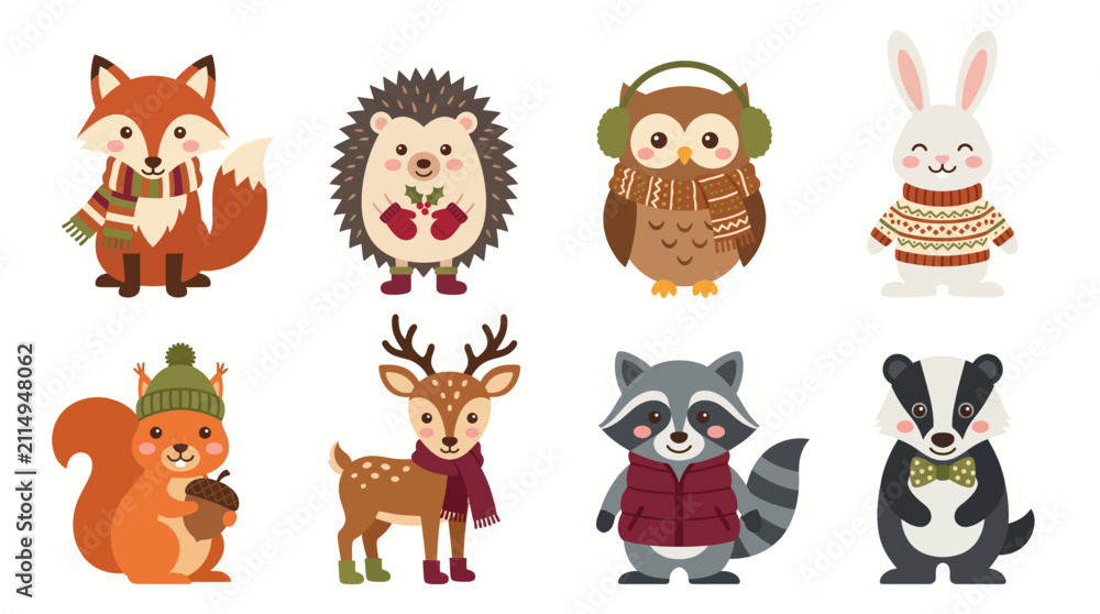 Naklejka premium Set of cute woodland animals wearing cozy winter clothes and accessories on a white background