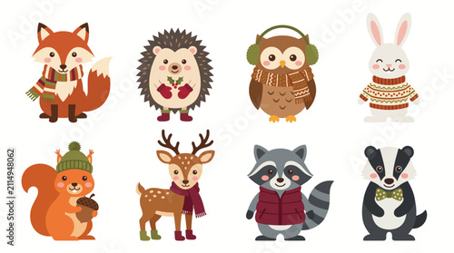 Set of cute woodland animals wearing cozy winter clothes and accessories on a white background