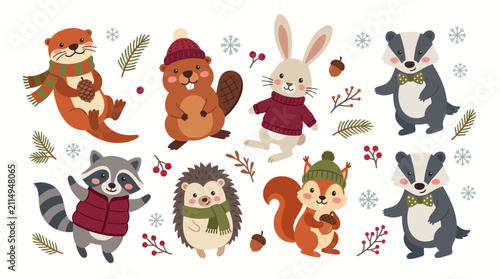 Cute Winter Woodland Animals Set with Warm Clothes and Seasonal Forest Elements