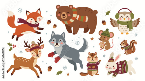 Cute Winter Animals Set with Forest Creatures Wearing Scarves and Sweaters