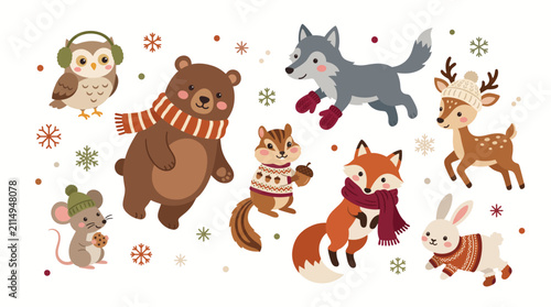 Cute Winter Woodland Animals Cartoon Collection With Scarves and Sweaters