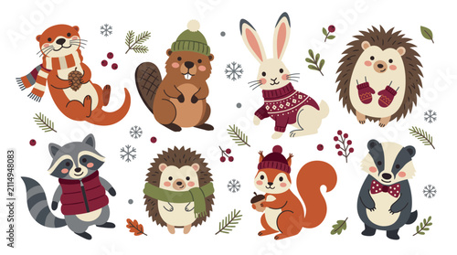 Cute winter woodland animals set with otter beaver rabbit hedgehog raccoon squirrel and badger character collection