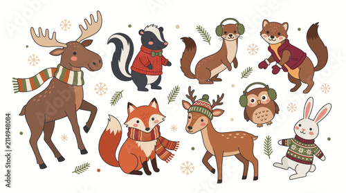 Cute Winter Animals Set with Moose Fox Skunk Owl and Rabbit Wearing Warm Holiday Clothing