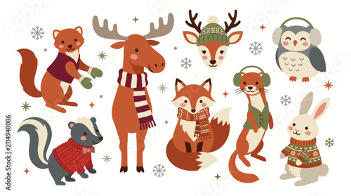 Cute woodland animals in winter clothes collection with snowflakes on a white background