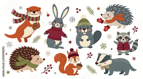 Cute Winter Animals Set with Forest Creatures Wearing Warm Winter Clothes and Accessories