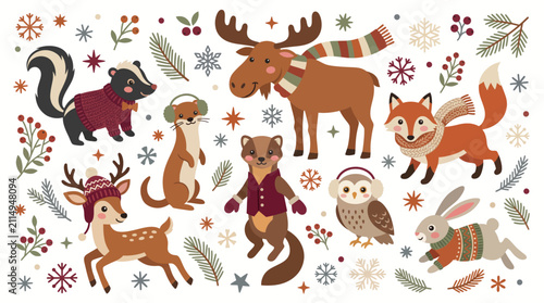 Cute Woodland Animals in Winter Clothes Set with Snowflakes and Pine Branches