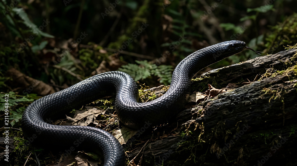 Obraz premium Black Snake Slithering Across a Mossy Log in a Sun-Dappled Forest