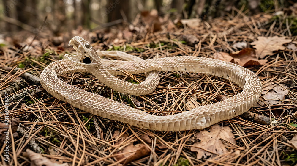 Obraz premium Shed snake skin lies amongst pine needles on a forest floor showcasing a natural transformation