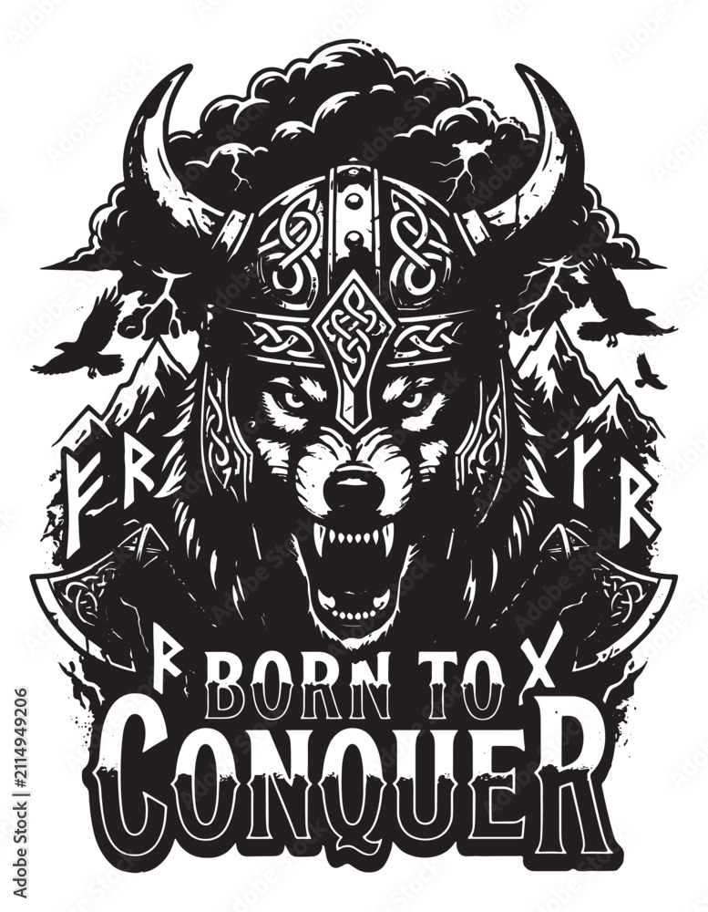 Naklejka premium Wolf Warrior with Horned Viking Helmet and Runes, Born to Conquer Norse T-shirt Design Illustration