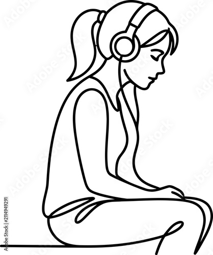 Young woman with headphones listening to music, relaxed pose, line art illustration