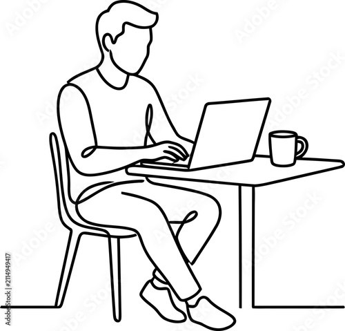 Man Working on Laptop at Cafe Table with Coffee Cup
