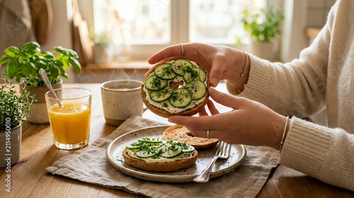 Woman holding a fresh bagel with cream cheese. Healthy breakfast meal with cucumber herbs.