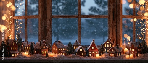 A cozy miniature village with lit houses and snowy trees is displayed on a window sill against a snowy night backdrop with warm bokeh lights.