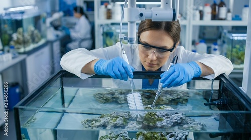 Marine biologist cleaning research aquarium. Scientist maintaining fish tank in laboratory.