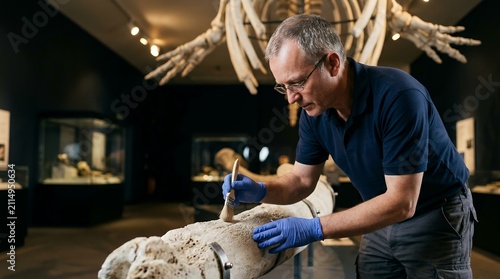 Curator cleaning whale skeleton in museum. Scientist restoring fossilized marine bones.
