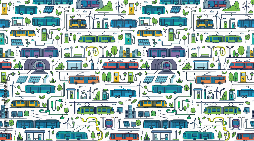 Fototapeta premium Eco-friendly public transport: electric buses, trams, solar panels, wind turbines