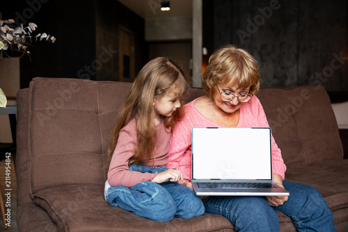 Konstfotografi Grandmother and granddaughter using laptop with blank screen