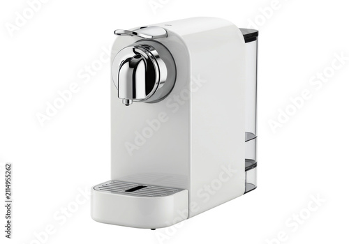 ultra-modern white glossy single-serve coffee brewer, chrome lever and clear acrylic reservoir, captured in high-key studio light with worm's-eye view against transparent background, concept for