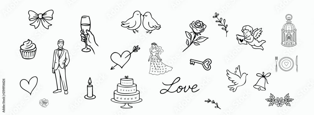 Obraz premium Hand drawn Valentine and wedding doodle set. elegant romantic vector illustration, doodle, february, decor, wine,