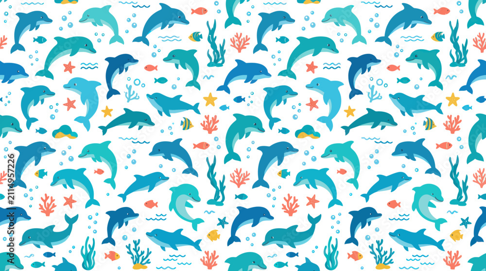 Fototapeta premium Ocean Marine Life Flat Illustration Seamless Pattern with Blue Dolphins, Fish, and Coral in Cute Cartoon Style