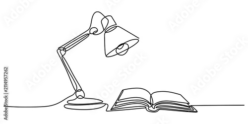 Minimalist continuous line drawing of a desk lamp illuminating an open book on a flat surface representing education and study in a simple style Vector, illustration