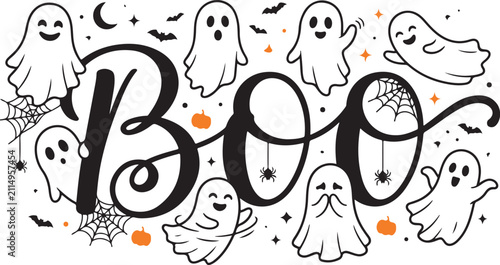 Foto Hand drawn boo lettering with cute ghosts for halloween design