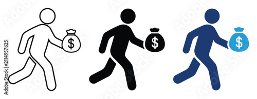 Bild auf Leinwand Thief with money bag icon set in outline, glyph and flat style