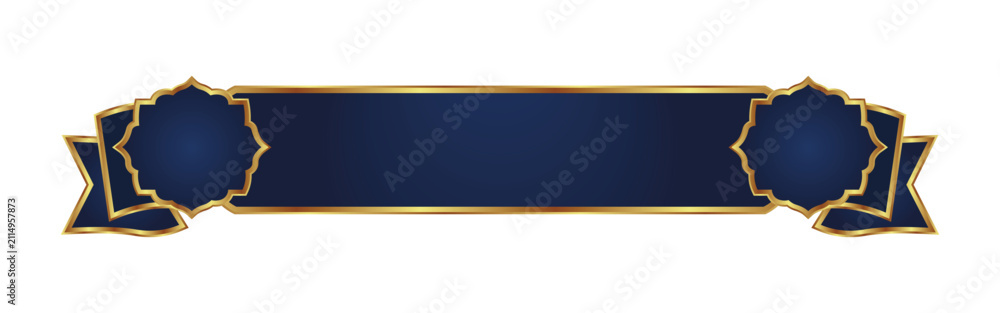 Obraz premium Ribbon banner with gold border and decorative Islamic style shapes on transparent background