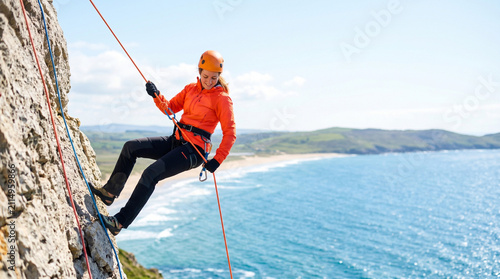 Woman rappelling down cliff in bright orange gear by the ocean  