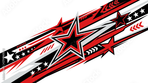 Bild auf Leinwand Abstract Racing Car Wrap Graphic Design with Stars and Dynamic Geometric Shapes