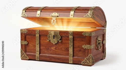 Antique wooden treasure chest glowing with golden light. Vintage pirate loot box filled with riches and mystery.