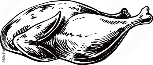 Whole raw chicken illustration detailed black and white poultry drawing with organic farm food concept