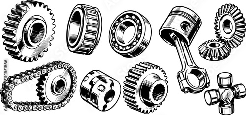 Mechanical gears and engine parts various industrial components including chain, bearing, piston, and connecting rod