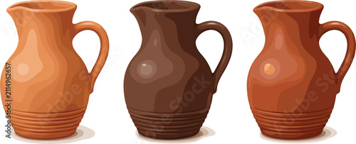 Foto Traditional Ceramic Clay Pitcher and Jug Vector Set with Terracotta, Dark Brown,