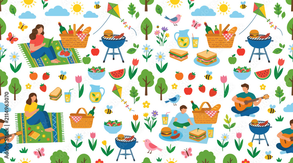 Fototapeta premium Summer Picnic Pattern: People Enjoying BBQ, Food, and Nature on White Background