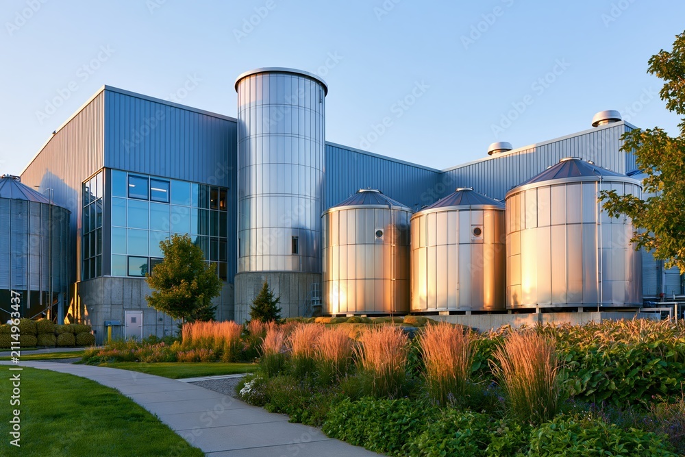 Fototapeta premium Modern biorefinery with stainless steel tanks and sustainable landscaping