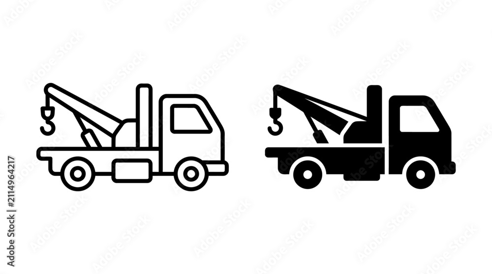 Fototapeta premium Set of tow truck icons in outline and solid style for transportation design.
