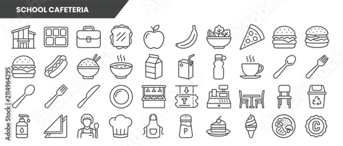 School Cafeteria Icons Vector Line Set Food Meal Outline