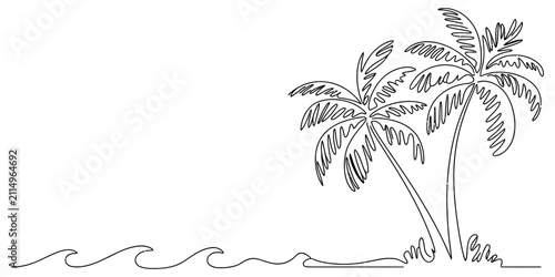 Foto Continuous single line drawing of two tropical palm trees on a sandy beach shore