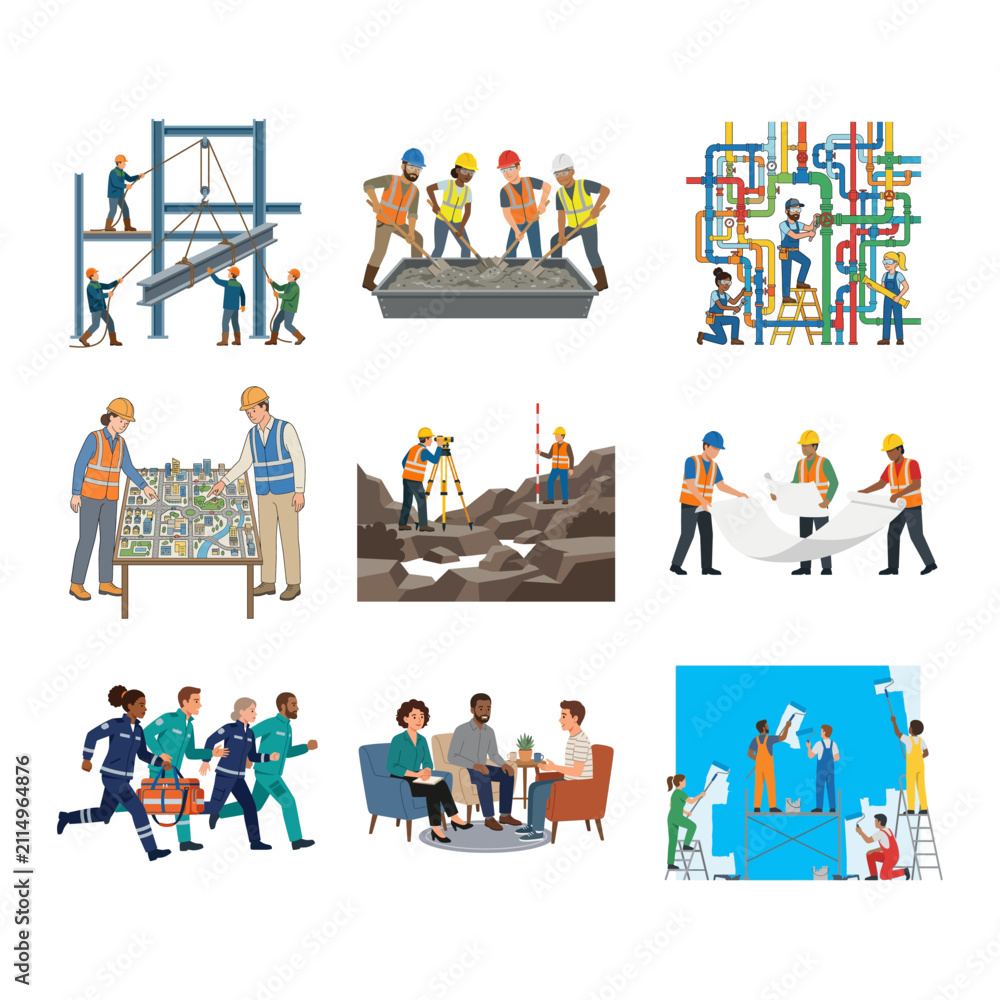 Fototapeta premium Vector illustrations of construction workers, engineers, and industrial teams on the job site