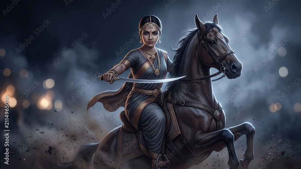 Fototapeta premium Rani Lakshmibai on Horseback – Legendary Indian Warrior Queen Illustration