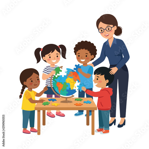 Teacher and diverse children playing with a globe puzzle learning geography in a classroom