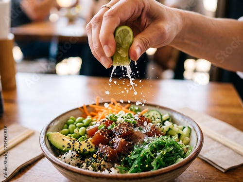 Fresh poke bowl citrus dressing drizzle with raw