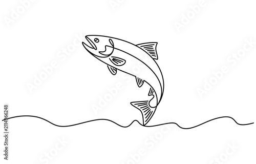 Salmon fish in one continuous line art drawing style vector illustration, Single line drawing of a leaping salmon.
