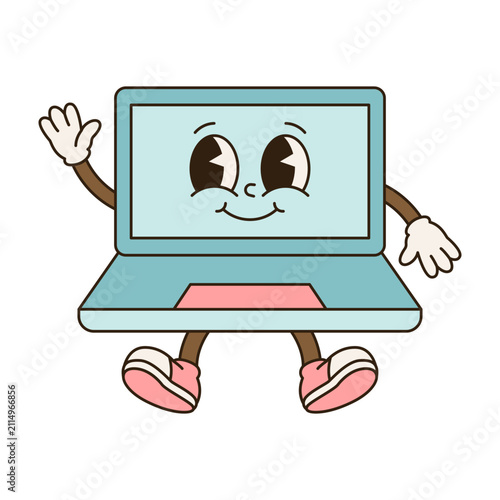 Vintage Rubber Hose Cartoon School Laptop Mascot Character.