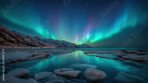 Breathtaking aurora borealis illuminating the night sky over snowy winter mountains. Perfect for winter.