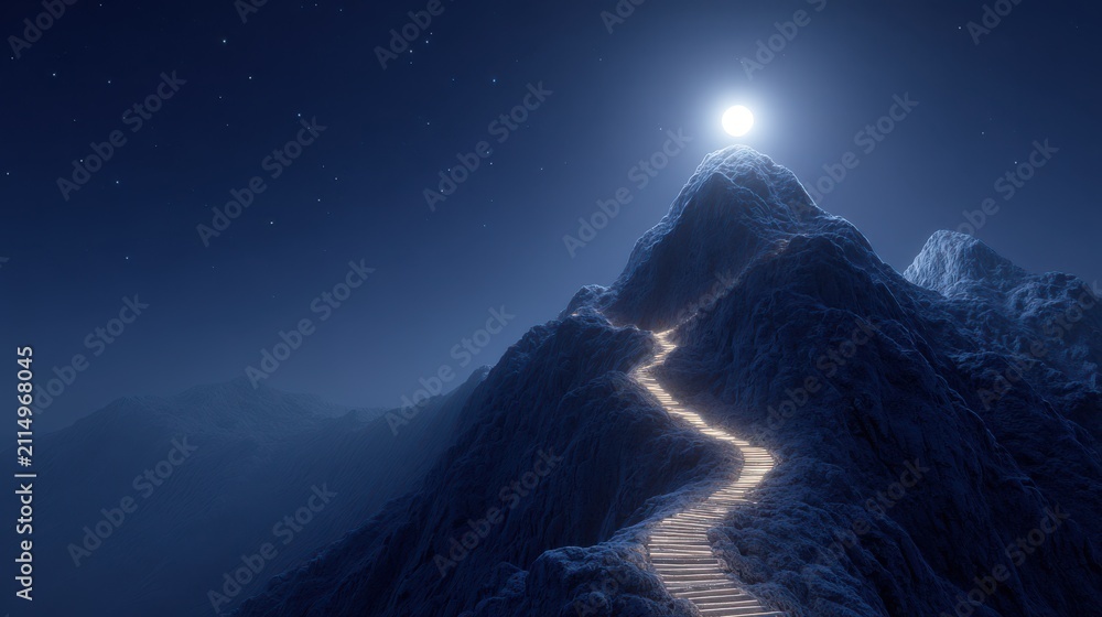 Obraz premium Lit path on a dark mountain under the moon. Concept for achieving goals.